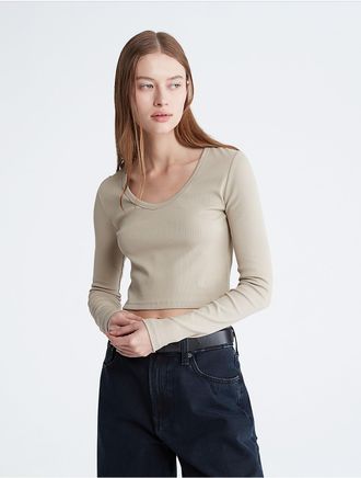 Calvin Klein Womens Cotton Contour Rib Cropped Long Sleeve T-Shirt - Brown - XS