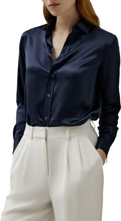 LilySilk Tailored Button Down Silk Shirt in Navy Blue at Nordstrom, Size 12