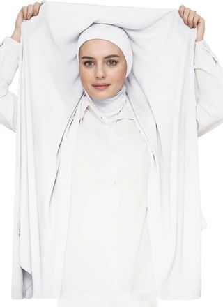 Lina & Lily Flowy Chiffon Instant Hijab Scarf Attached Jersey Ninja Undercap Full Coverage for Muslim Women (White)