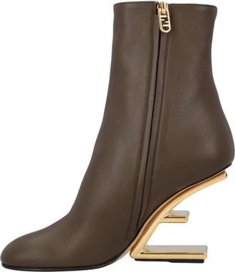 Fendi Gouden Hak Leren Enkellaarzen - Dames - Laarzen met Hak - Bruin - 37 EU - Leer - Schoenen
