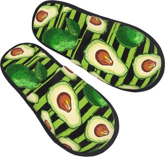 Generic Plush Slippers Avocado Green Striped Unisex Fleece Slippers Warm House Shoes For Travel Women Spa L