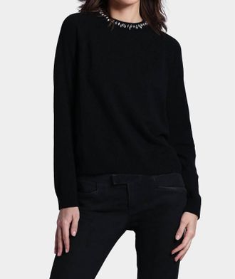 Minnie Rose Jewel Neck Crew Long Sleeves Top In Black