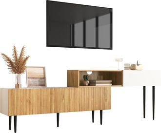 STILVORA Mueble De Tv Modular 2 Piezas Con 3 Puertas Abatibles Y Pasacables, Estilo Moderno, 240&times;30&times;63,5 Cm, En Mdf, Blanco Y Madera