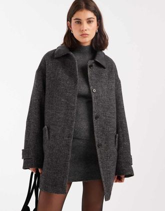 Asos Giacca in misto lana testurizzata con colletto e motivo a spina di pesce-Nero