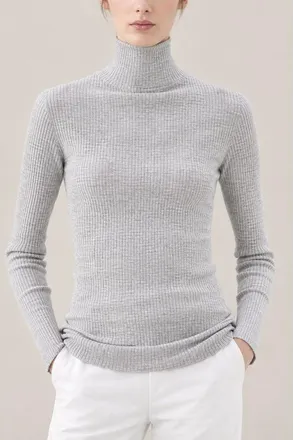 Brunello Cucinelli WomenS Light Grey Wool Silk Ribbed Turtleneck Sweater, Size XL