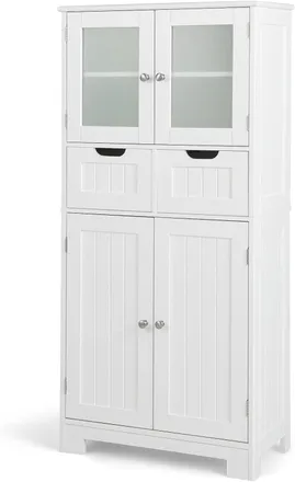 Costway Armadio Da Terra Con 4 Ante, Mobile Da Bagno Con 2 Ante In Vetro 2 Cassetti E Ripiani Regolabili, Armadio Multifunzionale Per Bagno Cucina E Soggiorno