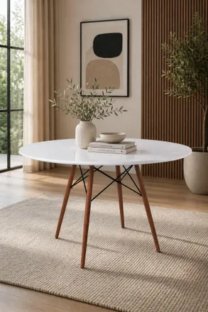 Fusion Living Soho Large White Circular Dining Table with Walnut Wood Legs