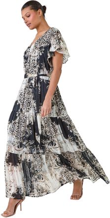 Roman Womens Animal Print Shimmer Tiered Maxi Dress - Brown - Size 10 UK