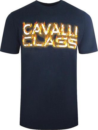 Roberto Cavalli Mens Cavalli Class Flaming Logo Navy Blue T Shirt - Black - Size: 42