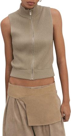 Mango Cutout Sleeveless Cotton Rib Top in Khaki Green at Nordstrom, Size Medium