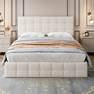 Merax 4ft6 Double Velvet Ottoman Bed with Adjustable Tufted Headboard in Beige