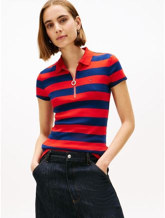 Tommy Hilfiger Womens Slim Fit Rugby Stripe Zip Polo - Red - XXL