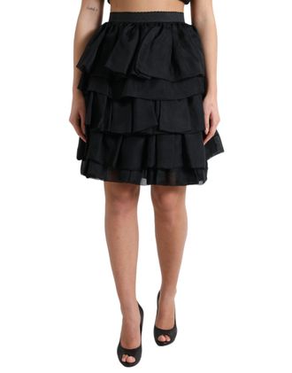 Dolce & Gabbana Womens Tiered Mini Skirt Silk Ruffle - Black