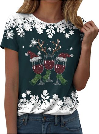 Generic Christmas Tops for Women Christmas Shirts UK Short Sleeve Casual Jumper Merry Santa Snowflake Print T-Shirts Loose Funny Xmas Tree Print Sweatshirt Tu
