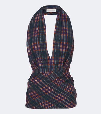 Dries Van Noten Top in lam&eacute; a quadri con scollo allamericana