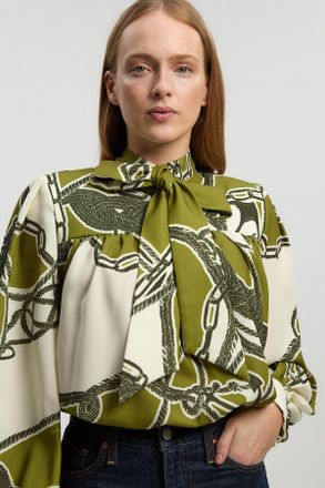Karen Millen Womens Chain Print Woven Balloon Blouse With Tie Detail - Green - Size 16 UK
