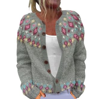 Generic Cardigan Womens Chunky Knit Button Down Sweater Cardigans Plush Art Floral Print Vintage Fair Isle Jumpers Jackets Ladies Plus Size Going Out Outerwea