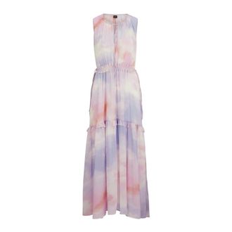 HUGO BOSS Kleedjes, Dames, Veelkleurig, M, Polyester, Mouwloze Jurk met Print en Ruches