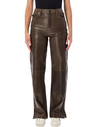 Golden Goose High-Waisted Straight Leather Pants with Embossed Floral Detailing