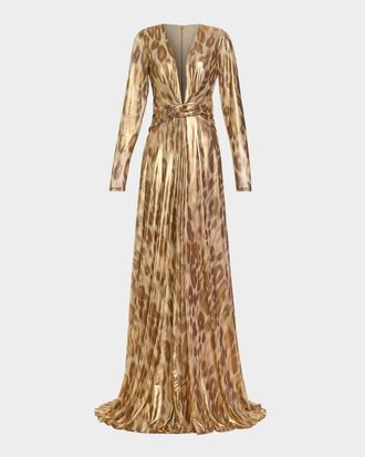 Ramy Brook Martini Plunging Metallic Animal-Print Gown