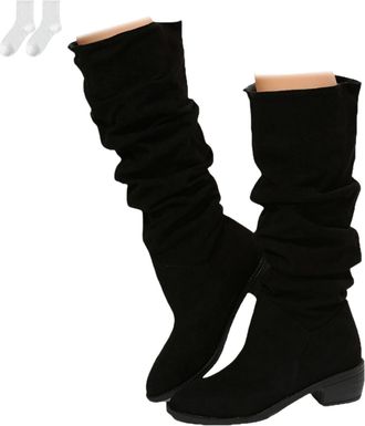 Generic Womens Slouch Boots, Winter Mid-Calf Boots, Soft Suede-Look Slip-On Boots with Low Block Heel, Comfortable Winter Boots in Plus Sizes for Everyday Wea
