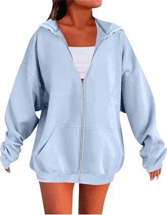 Generic Hoodies For Women Uk Sweatshirts For Women Uk Ladies Oversized Solid Color Zip Up Hoodies Womens Tops Long Sleeves Casual Fashion Loose Hooded Jackets