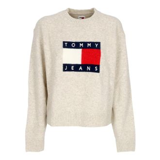 Tommy Hilfiger Melange Flag Sweater - Dames - Ronde hals truien - Beige - XS - Wol - Truien & Vesten