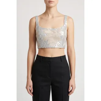 Brunello Cucinelli Silver Embroidered Cropped Shirt, Size XS
