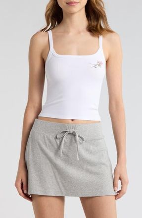 Florence By Mills Couch Date Rose Embroidered Crop Rib Tank in White/Pink Rose at Nordstrom, Size Xx-Small