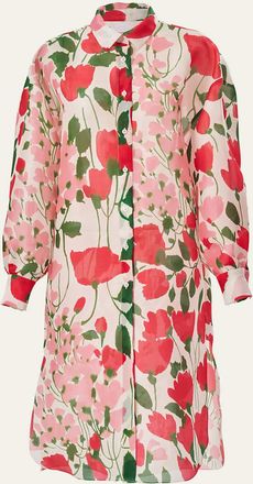 Carolina Herrera Rose Print Oversized Self-Belt Midi Shirt Dress