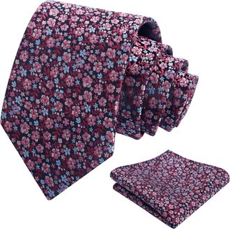 Alizeal Mens Floral Patterned Wedding Party Tie with Pocket Square 8cm Colorful Classic Business Tie Set, Burgundy+Pink