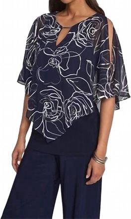 Joseph Ribkoff Floral Print Poncho Top In Midnight Blue Vanilla