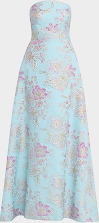 Teri Jon Strapless Metallic Floral Jacquard Gown