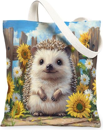 Generic Spring Hedgehog Canvas Tote Bag for Shopping 13x15, Sunflower Fence Animal Reusable Grocery Print Bag for Women, Fun Farmhouse Scenic Beach Aesthetic 