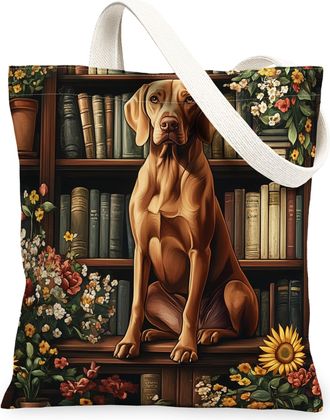 Generic Spring Vizsla Dog Canvas Tote Bag for Shopping 13x15, Flower Bookshelf Puppy Reusable Grocery Print Bag for Women, Fun Pet Beach Aesthetic Painting Gi