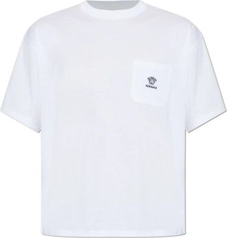 Versace Geborduurde katoenen jersey T-shirt - Heren - T-shirts - Wit - S - Katoen - Tops