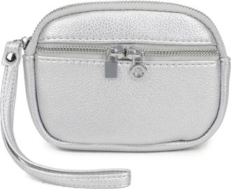 Generic Womens Small Wristlet Pouch, Dual Zipper Compartments, Silver Hardware, Small Clutch Bag with Strap (Silver)