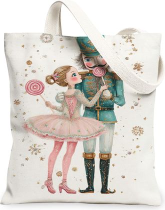 Generic Christmas Characters Canvas Tote Bags, Vintage Nutcracker Design Reusable Grocery Bags, Lightweight Washable Shoulder Strap, White, 13x15 Inch