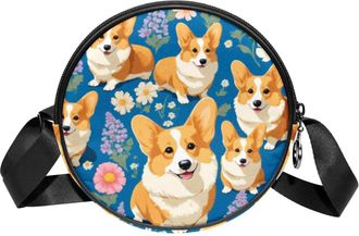 Generic Circle Crossbody Bag for Women, Corgi Dogs Small Sling Bag Daypack with Zipper Adjustable Shoulder Straps Casual Ladies Girls Round Purse