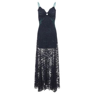 Paco Rabanne Lace Long Dress with Velvet Details - female - Rabanne - Gowns - Blue - XS - Dresses
