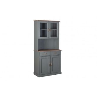 Dmora Aparador Con 2 Puertas Cerradas, 2 Vitrinas Y 2 Cajones, En Pino Macizo Pintado Gris Con Tapa Y Acabados Marrones, 90x45x191 Cm, Con Embalaje Reforzad