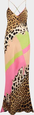 Roberto Cavalli Colorblock Jaguar-Print Silk Maxi Slip Dress