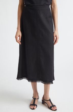 Max Mara Fringe Stretch Linen & Cotton Basket Weave A-Line Skirt in Black at Nordstrom, Size 14