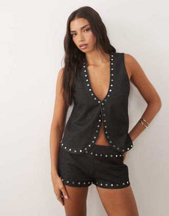 Motel Aniva - Gilet di jeans indaco con borchie in coordinato-blu navy