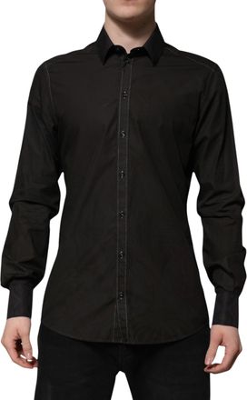 Dolce & Gabbana Mens Black Cotton Jacquard Gold Collar Dress Shirt