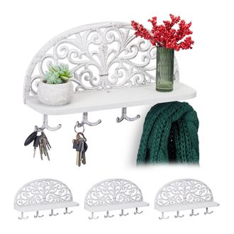 Relaxdays 4 Percheros Pared Con Estante, Colgadores Llaves, Antiguos, Hierro Fundido, 23 X 39 X 11,5 Cm, Blanco