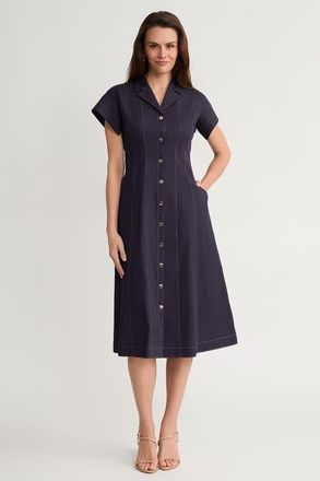 Ming Wang Fit-N-Flare Contrast Stitch Cotton Maxi Dress in Indigo/white at Nordstrom, Size X-Small