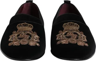 Dolce & Gabbana Black Velvet Gold Crown Mens Loafers Mens Shoes