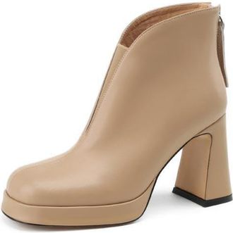 TinaCus Womens Handmade Genuine Leather V-Cut Square Toe High Block Heel Platform Ankle Boots, Apricot, 5 UK