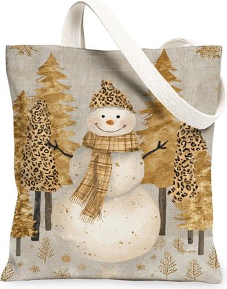 Generic Winter Snow Man Canvas Tote Bags, Cute Holiday Snow Man Design Reusable Grocery Bags, Lightweight Washable Shoulder Strap C, Beige, 13x15 Inch